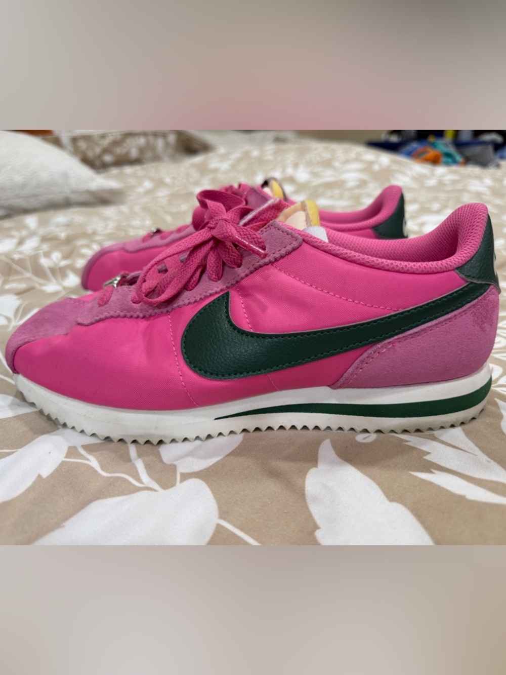 Nike Cortez Hot Pink Low-Top Sneakers with Dark Green Swoosh